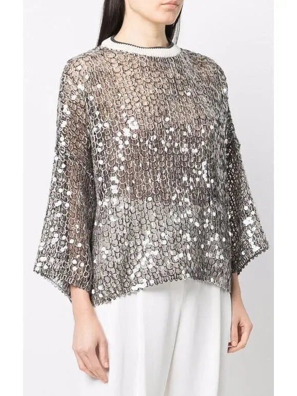 Sequin Embellished Open-Knit Cropped Sweater - Sweaters & Knitwear