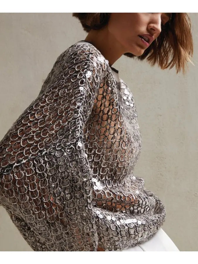 Sequin Embellished Open-Knit Cropped Sweater - Sweaters & Knitwear