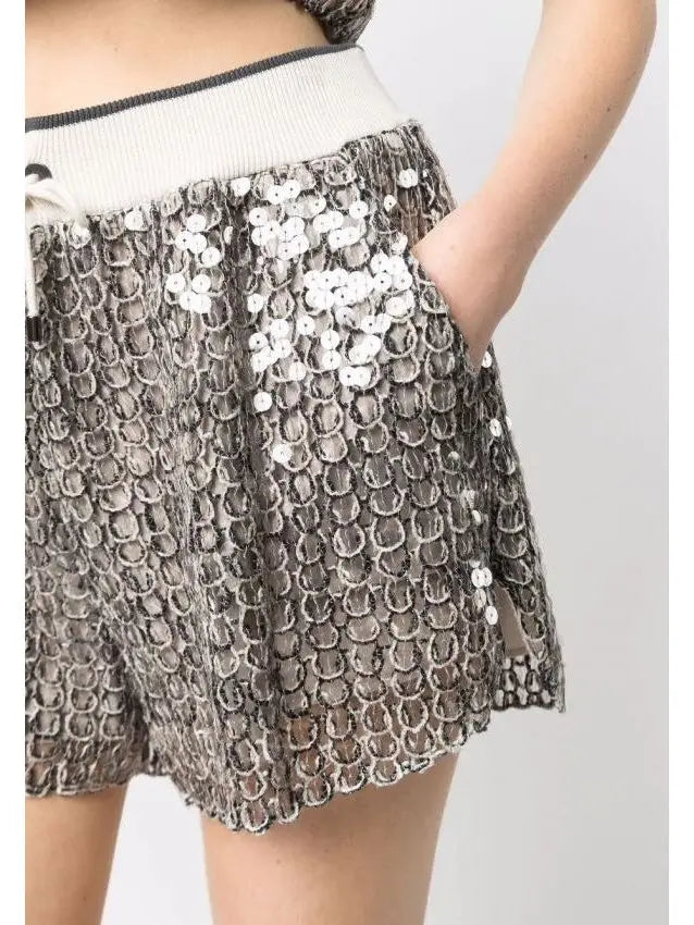 Sequin-Embellished Open-Knit Shorts - Jeans & Pants