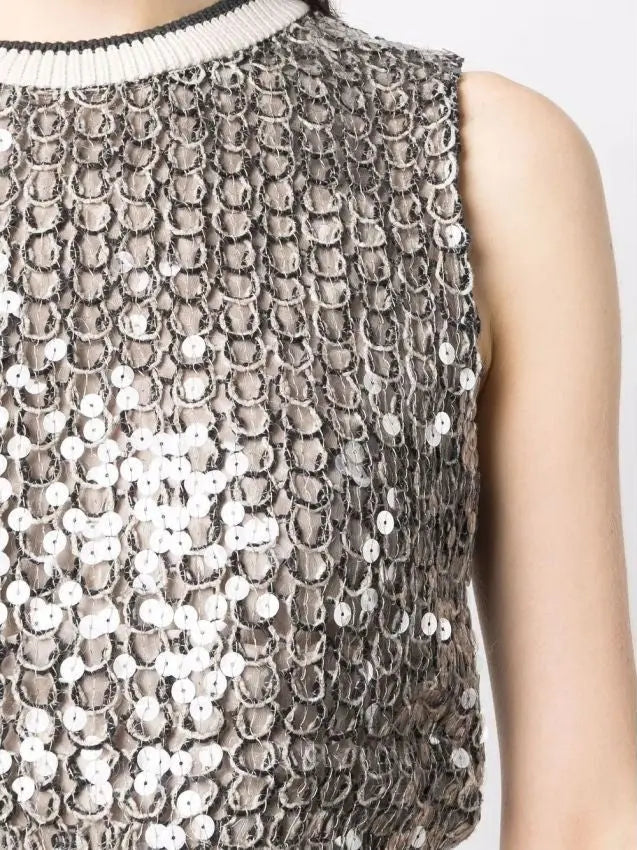 Sequin-Embellished Open-Knitted Top - Tops