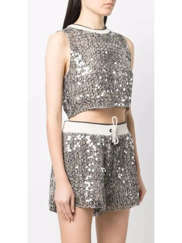 Sequin-Embellished Open-Knitted Top - Tops