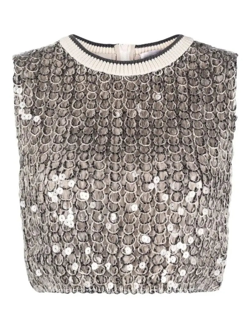 Sequin-Embellished Open-Knitted Top - Tops