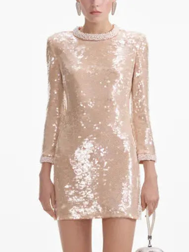 Sequin-Embellished Pearl-Trim Mini Dress - Dresses