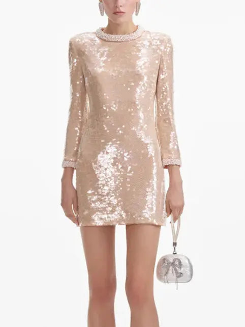 Sequin-Embellished Pearl-Trim Mini Dress - Dresses