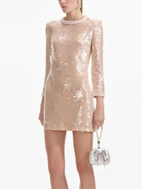 Sequin-Embellished Pearl-Trim Mini Dress - Dresses