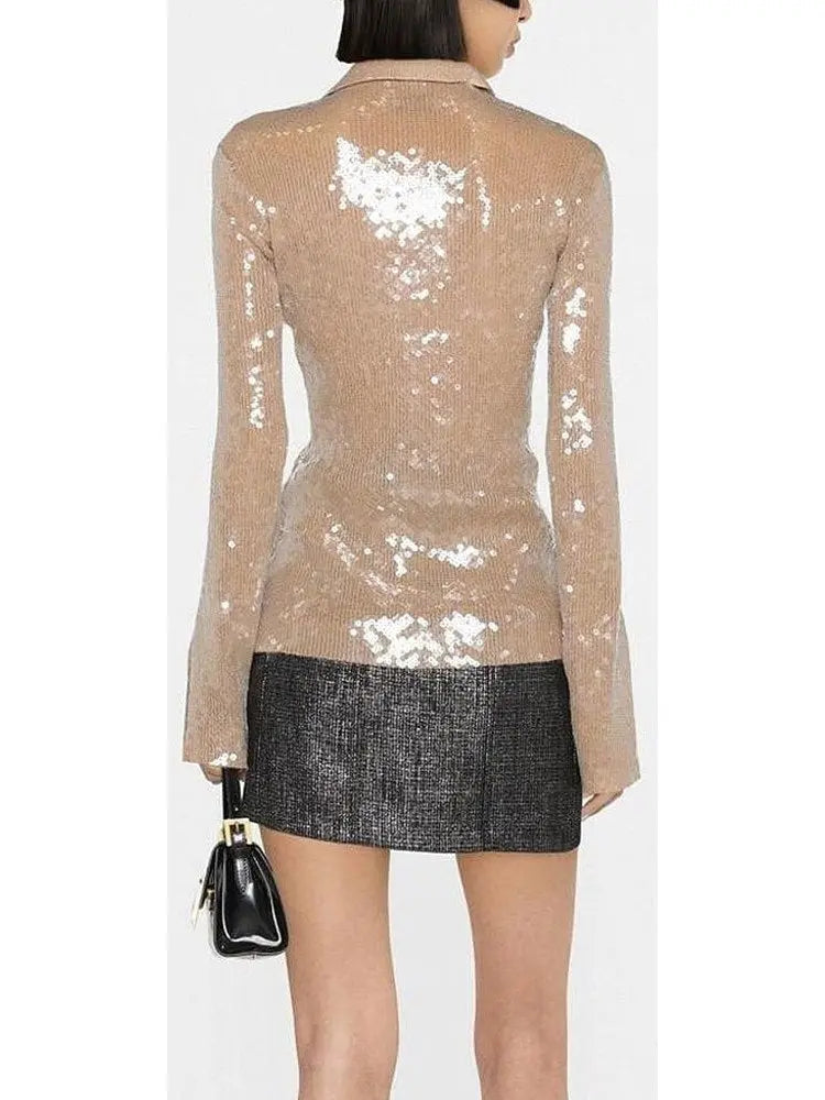 Sequin-Embellished Pointed-Collar Shirt - Tops