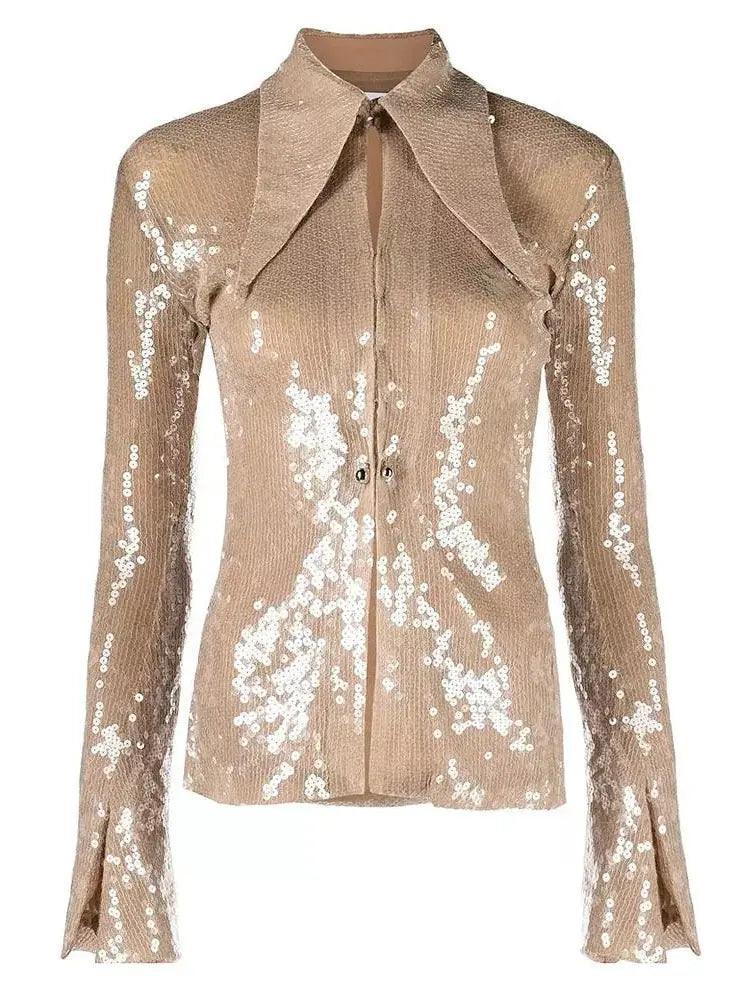 Sequin-Embellished Pointed-Collar Shirt - Tops