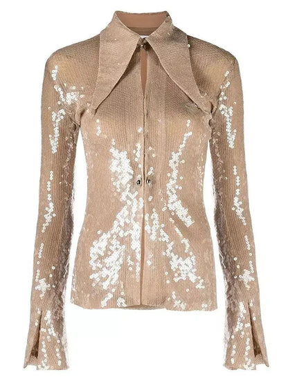 Sequin-Embellished Pointed-Collar Shirt - Tops