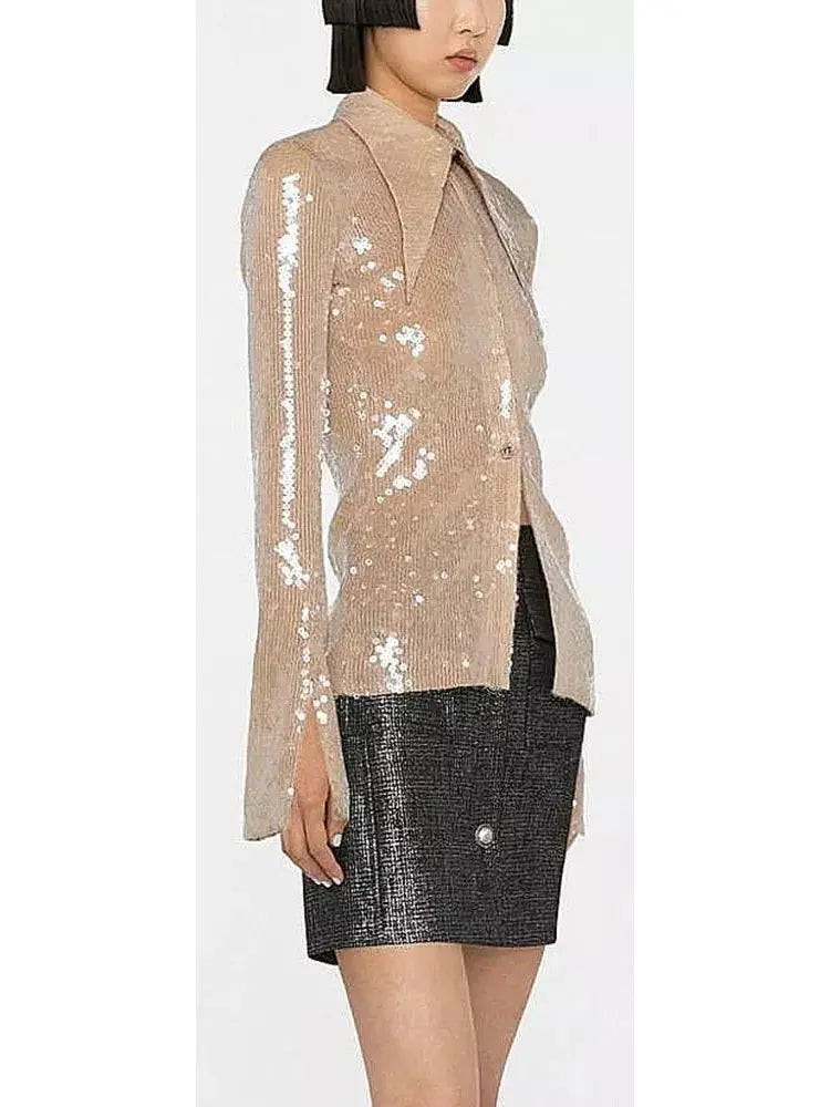 Sequin-Embellished Pointed-Collar Shirt - Tops