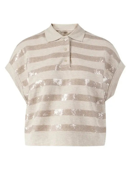 Sequin-Embellished Polo Top in Beige - Tops