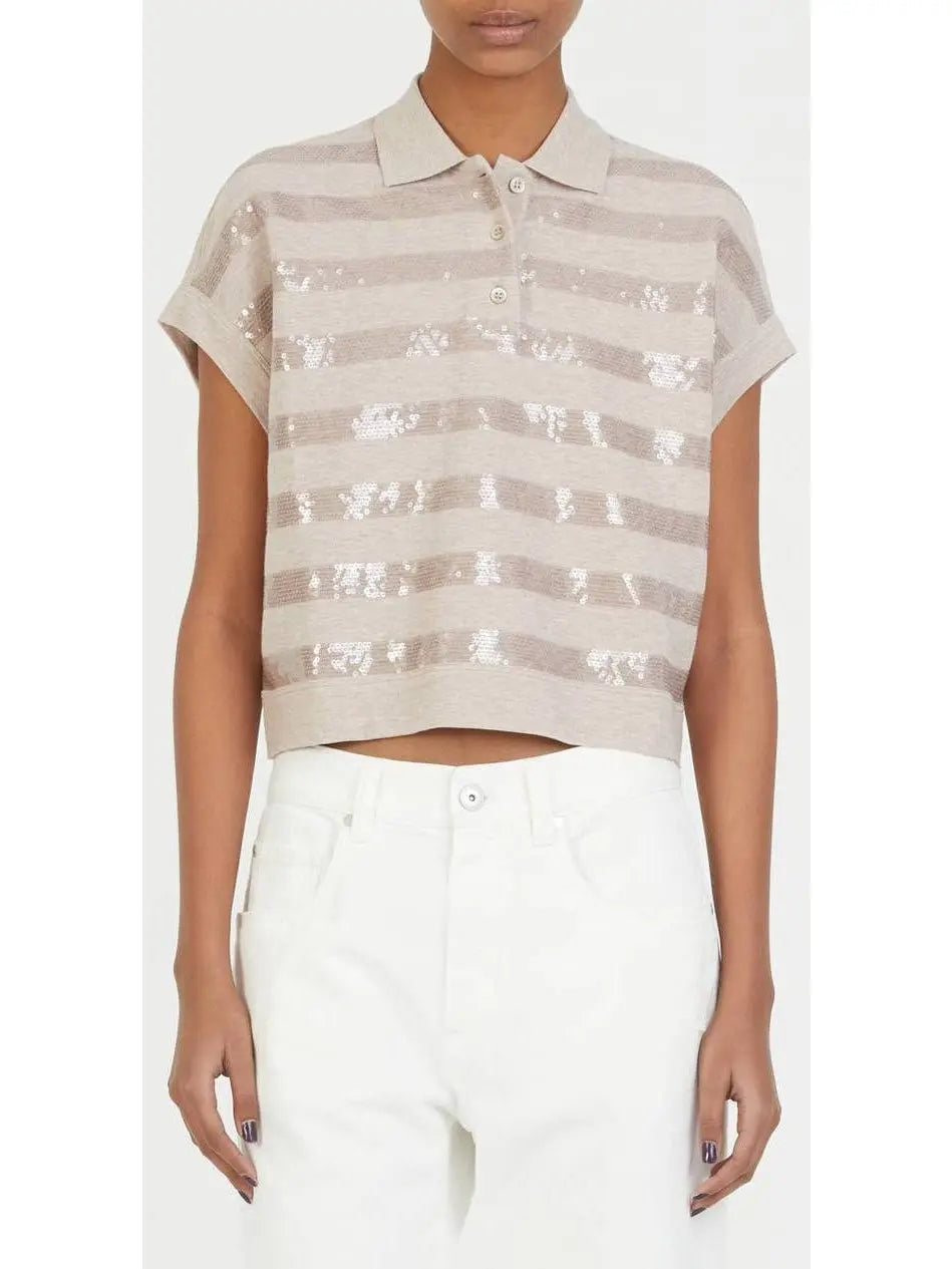 Sequin-Embellished Polo Top in Beige - Tops