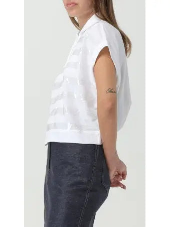 Sequin-Embellished Polo Top in White - Tops