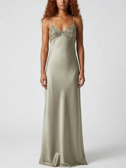 Sequin-Embellished Satin Slip Gown - Dresses