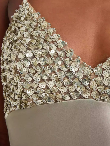 Sequin-Embellished Satin Slip Gown - Dresses