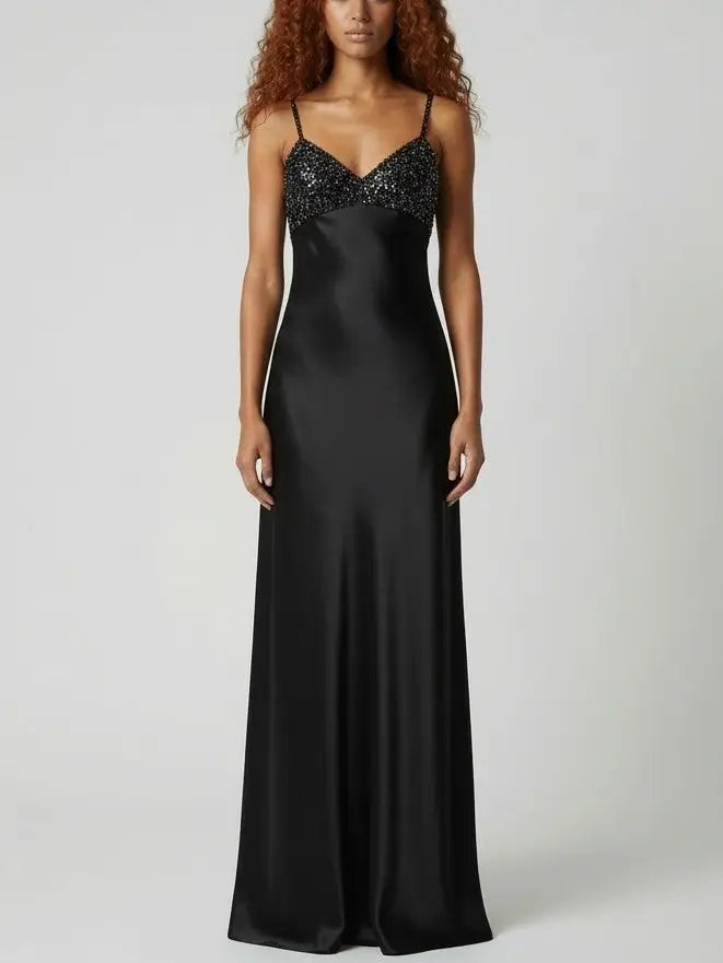 Sequin-Embellished Satin Slip Gown - S / Black - Dresses
