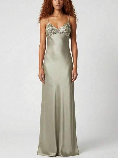 Sequin-Embellished Satin Slip Gown - S / Champagne - Dresses