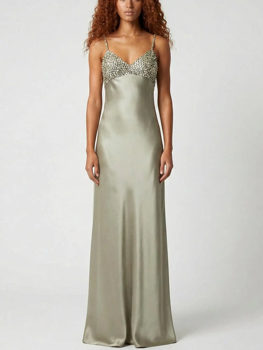 Sequin-Embellished Satin Slip Gown - S / Champagne - Dresses