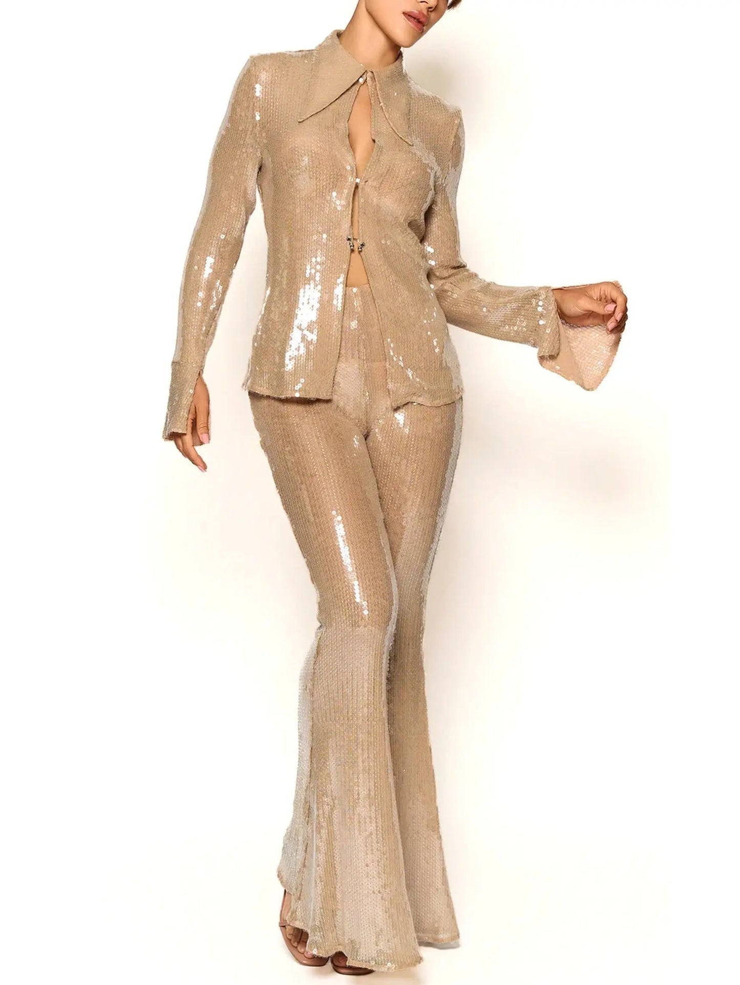 Sequin-Embellished Semi-Sheer Flared Shirt and Pant Set - Suits & Sets