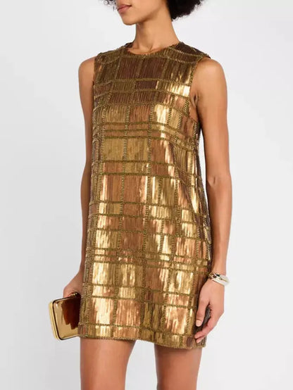 Sequin-Embellished Sleeveless Mini Dress in Gold - Dresses