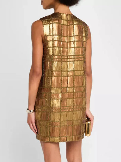 Sequin-Embellished Sleeveless Mini Dress in Gold - Dresses