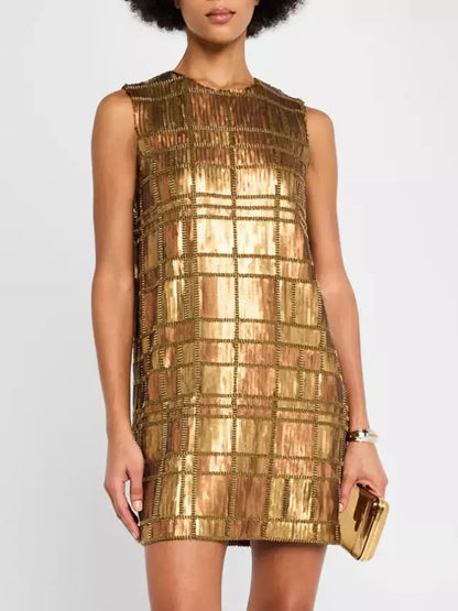 Sequin-Embellished Sleeveless Mini Dress in Gold - Dresses