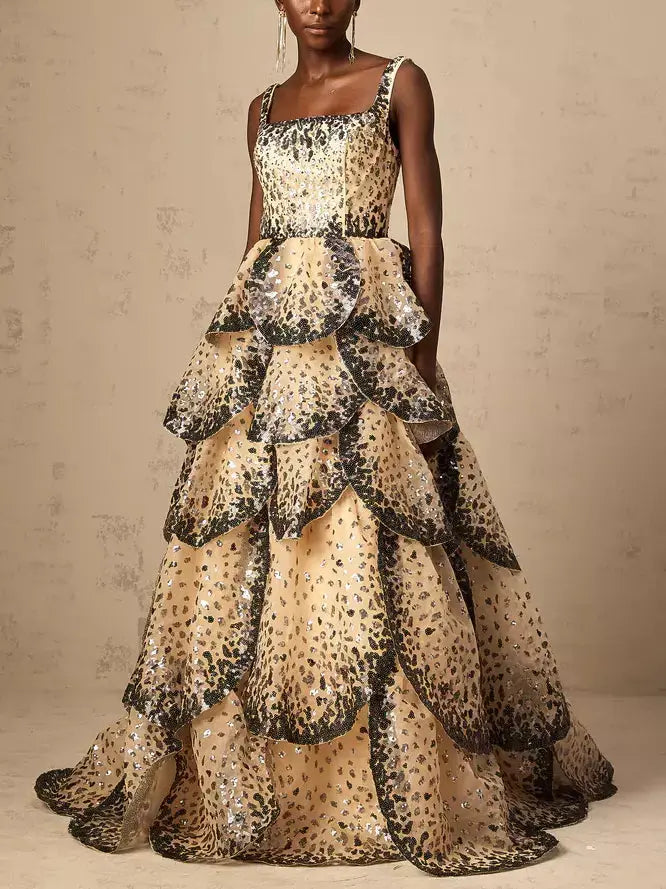 Sequin-Embellished Sleeveless Petal Tiered Flared Gown - Dresses