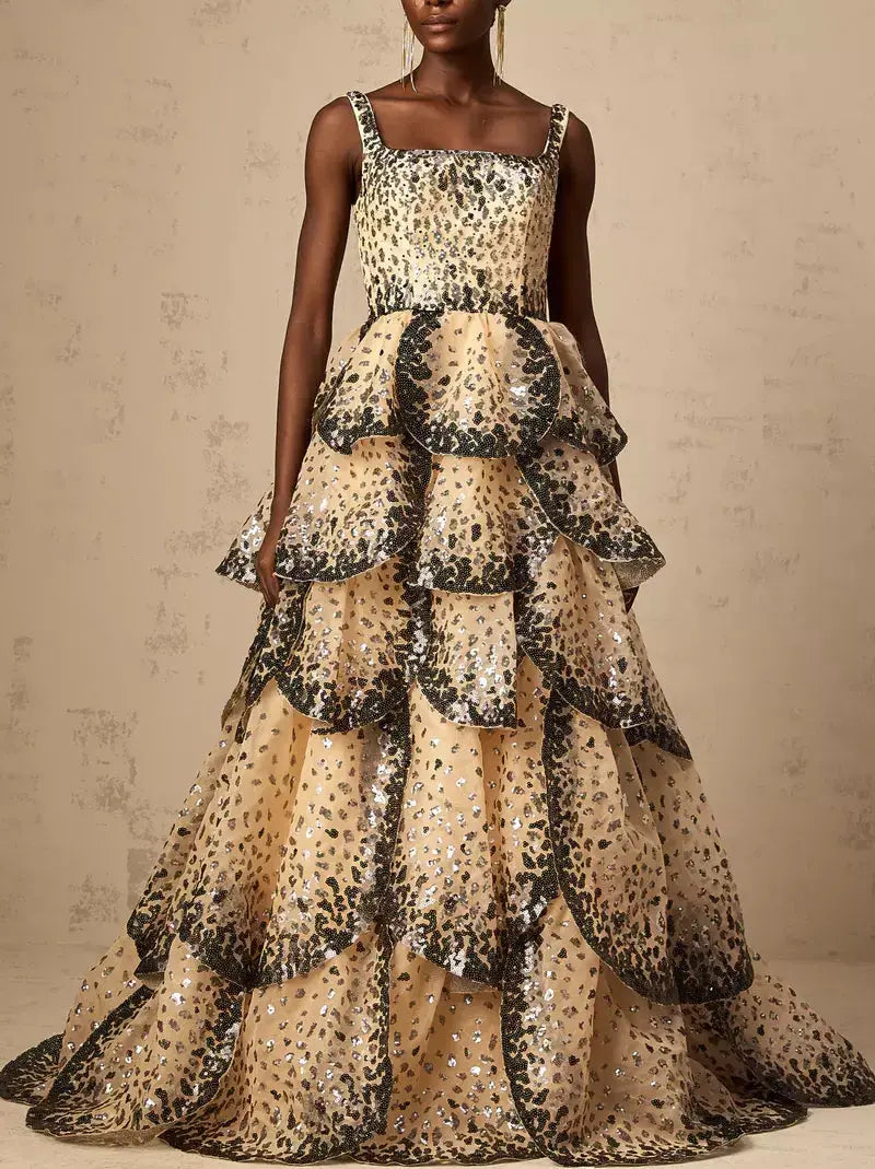 Sequin-Embellished Sleeveless Petal Tiered Flared Gown - Dresses