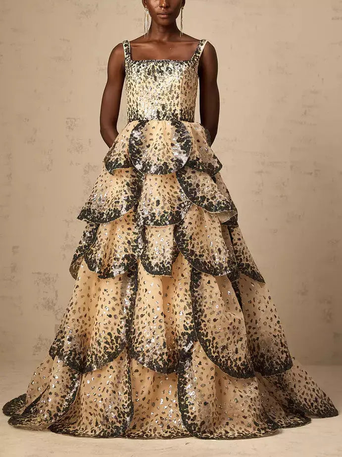 Sequin-Embellished Sleeveless Petal Tiered Flared Gown - Dresses