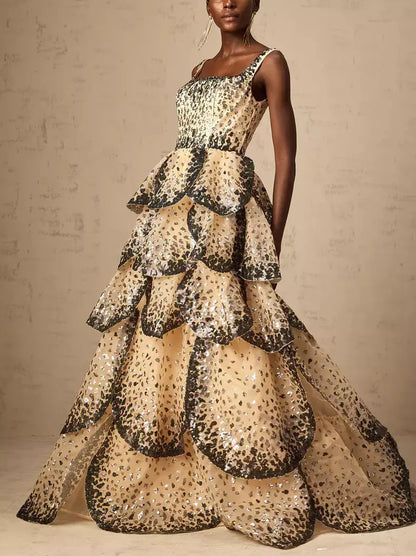 Sequin-Embellished Sleeveless Petal Tiered Flared Gown - Dresses