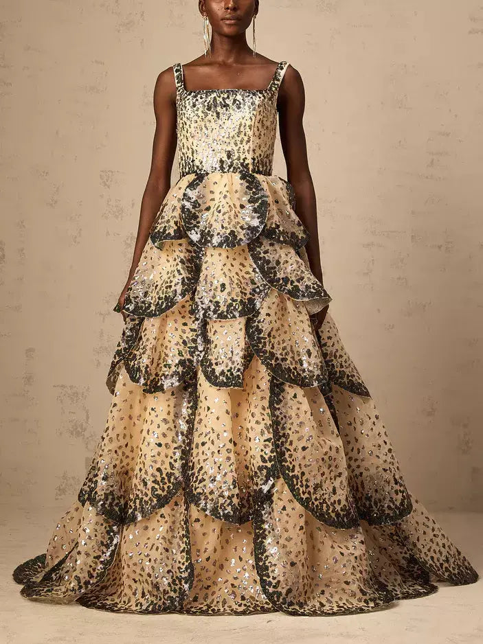 Sequin-Embellished Sleeveless Petal Tiered Flared Gown - Dresses