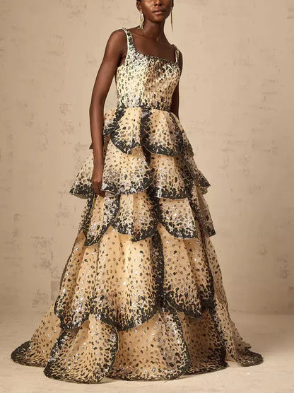 Sequin-Embellished Sleeveless Petal Tiered Flared Gown - Dresses