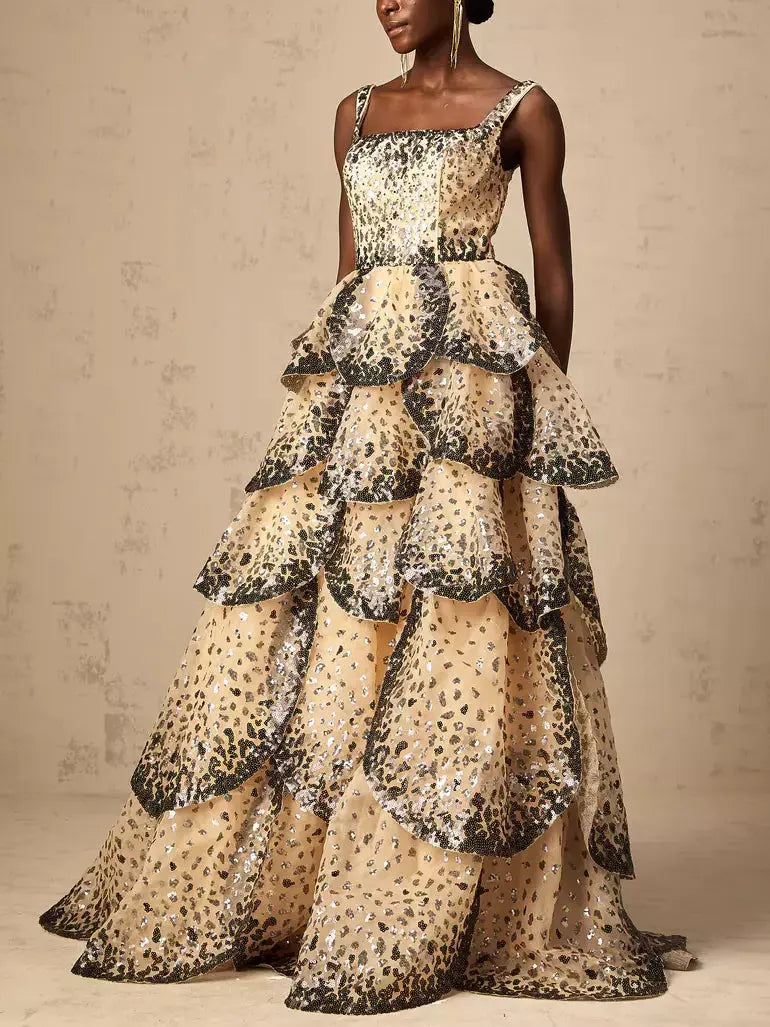 Sequin-Embellished Sleeveless Petal Tiered Flared Gown - Dresses