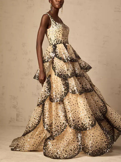 Sequin-Embellished Sleeveless Petal Tiered Flared Gown - Dresses