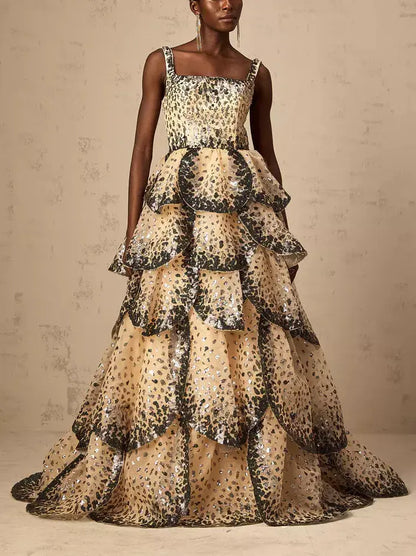 Sequin-Embellished Sleeveless Petal Tiered Flared Gown - Dresses