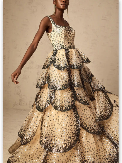 Sequin-Embellished Sleeveless Petal Tiered Flared Gown - Dresses