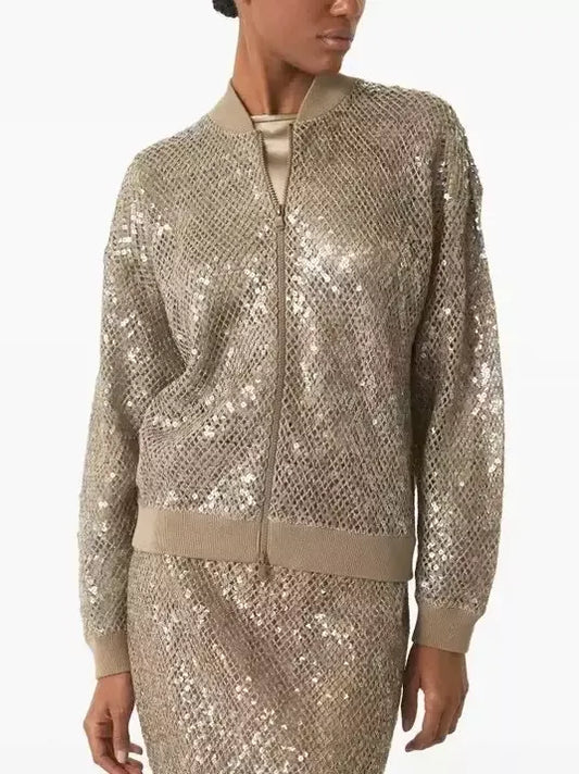 Sequin Embroidered Net Knit Zip Beige Jacket - Jackets