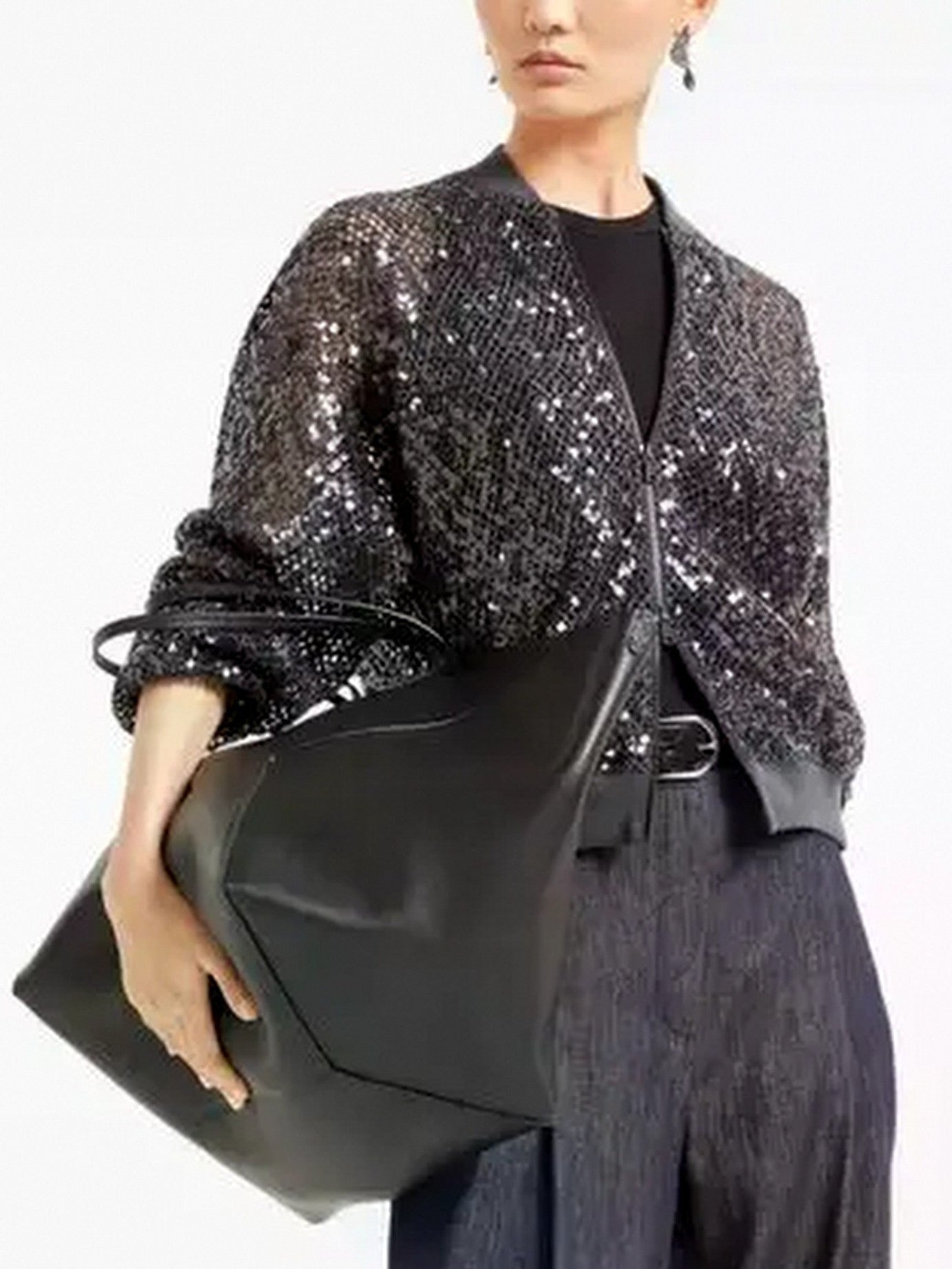 Sequin Embroidered Net Knit Zip Black Jacket - Jackets