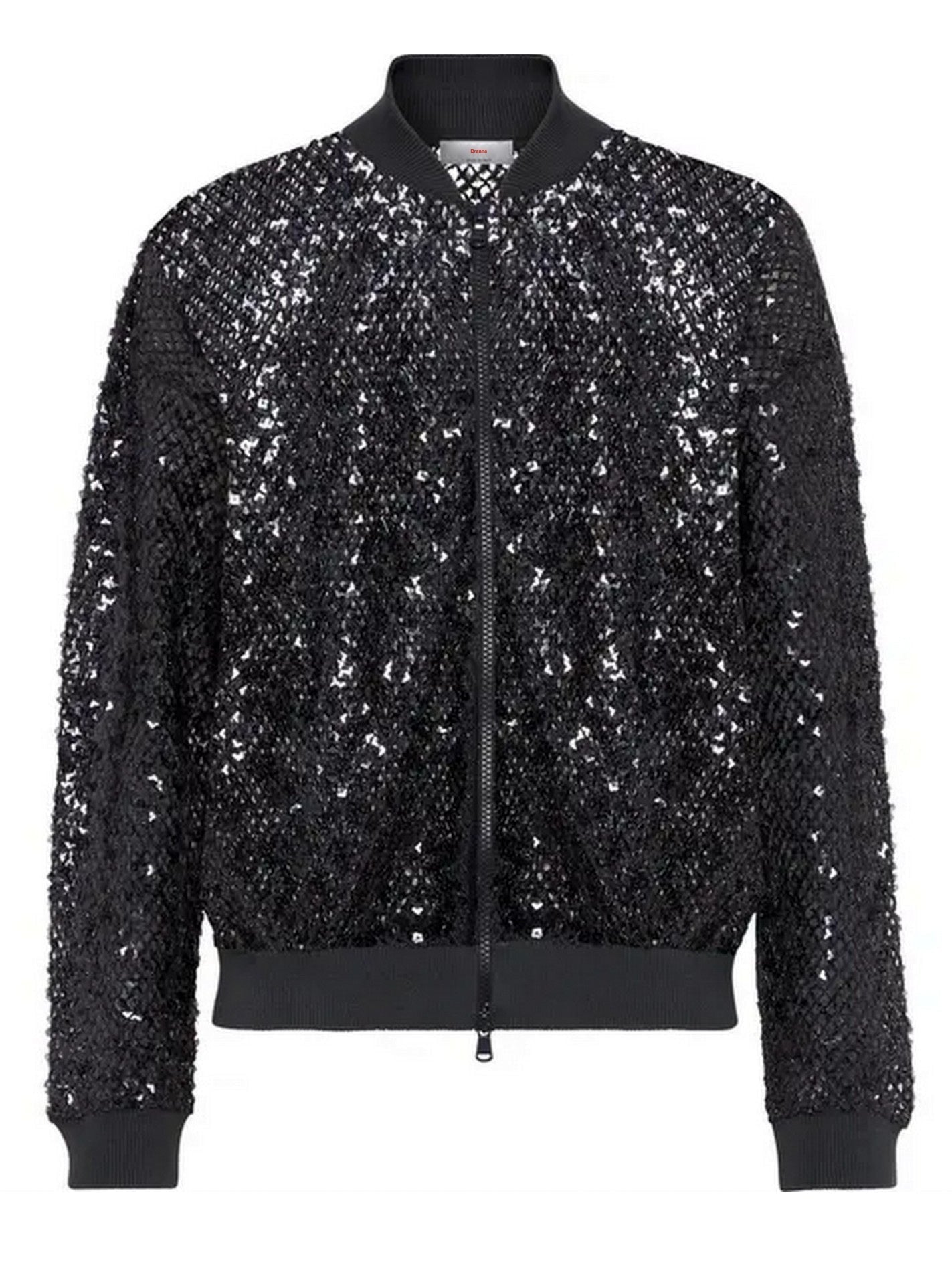 Sequin Embroidered Net Knit Zip Black Jacket - Jackets