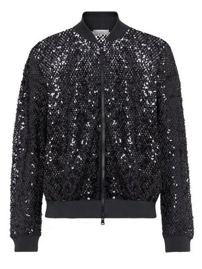Sequin Embroidered Net Knit Zip Black Jacket - Jackets