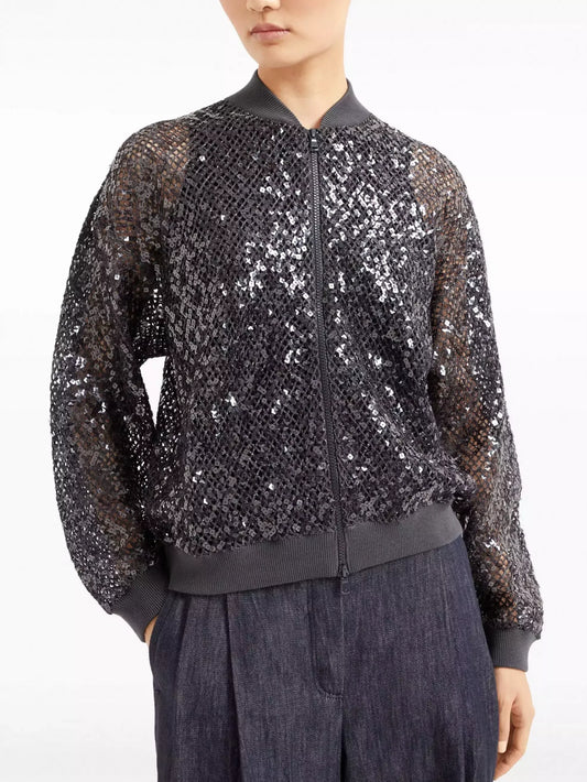 Sequin Embroidered Net Knit Zip Black Jacket - Jackets