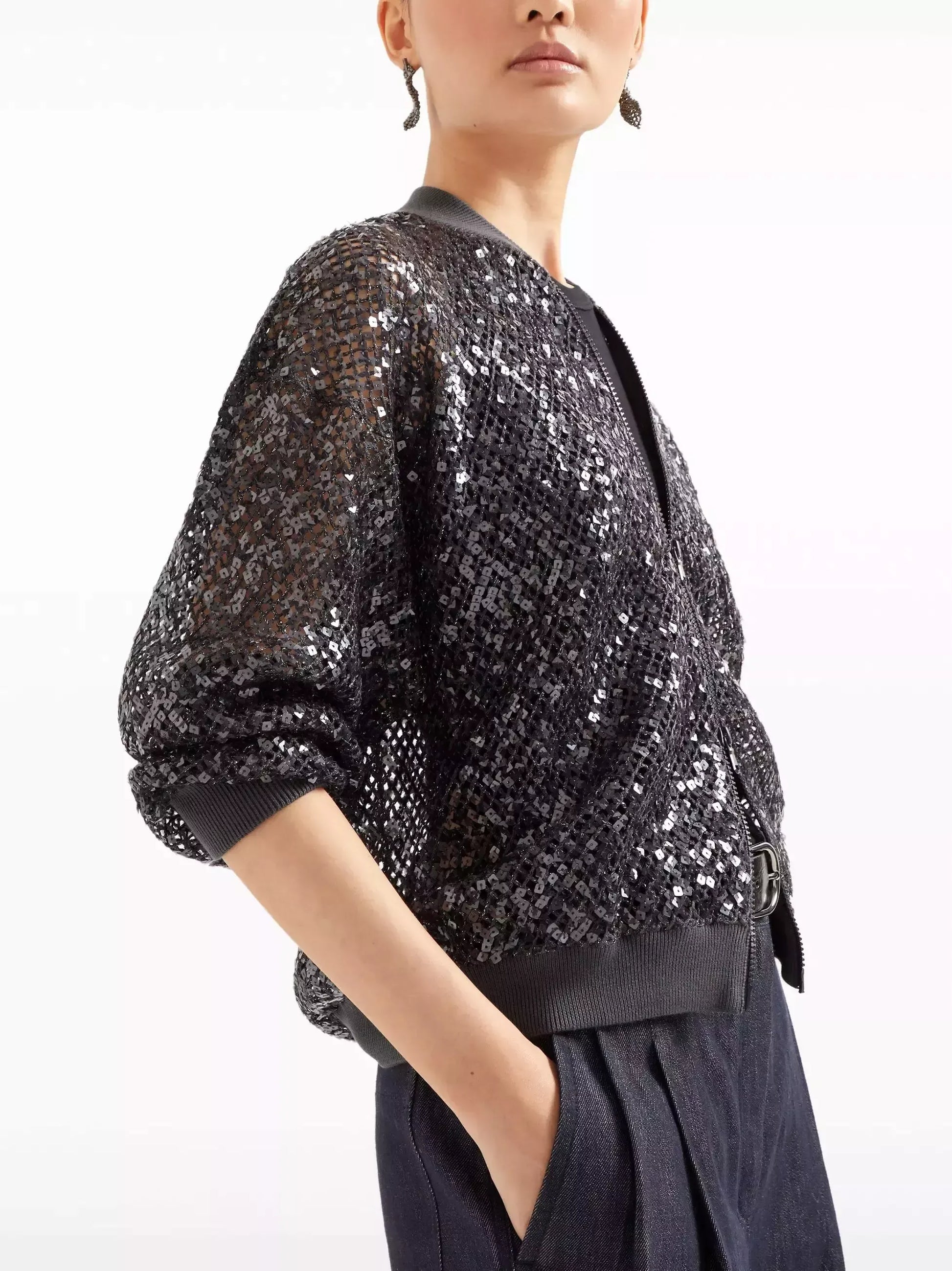 Sequin Embroidered Net Knit Zip Black Jacket - Jackets