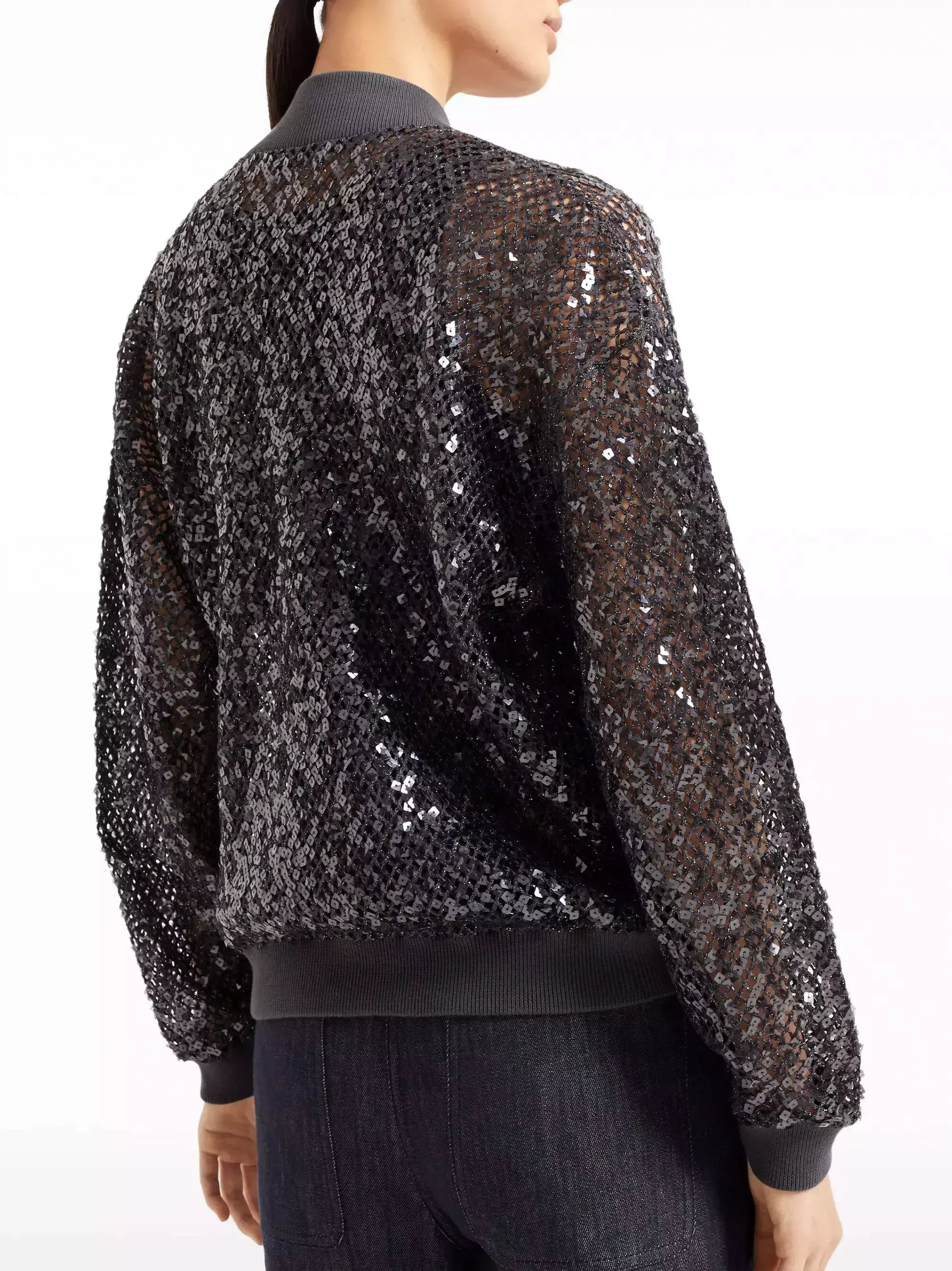Sequin Embroidered Net Knit Zip Black Jacket - Jackets