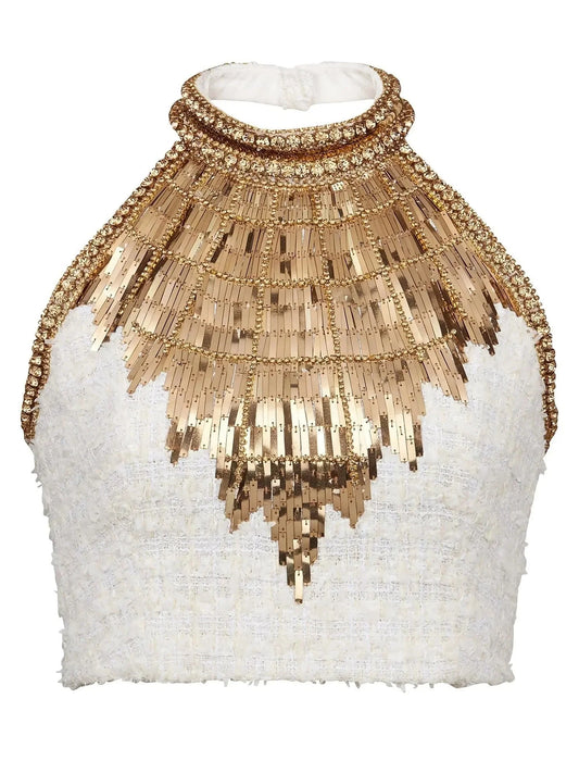Sequin-Embroidered Tweed Crop Top