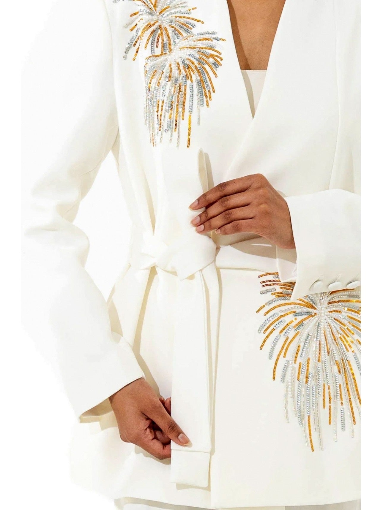 Sequin Embroidered White Blazer and Pant Suit - Suits & Sets