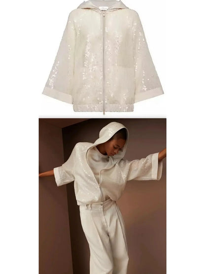 Sequin Embroidery Hooded Outerwear Jacket in Crispy Silk - Jackets
