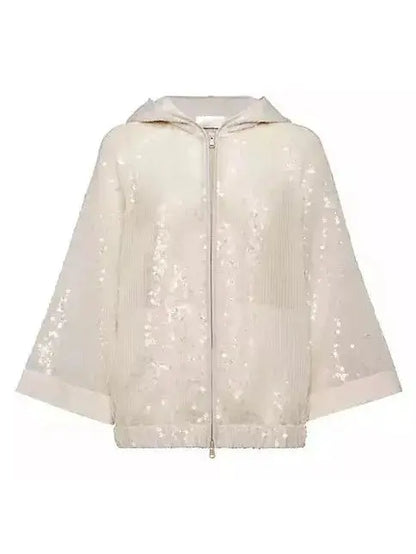 Sequin Embroidery Hooded Outerwear Jacket in Crispy Silk - Jackets