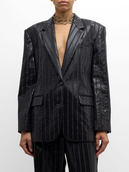 Black sequined blazer showcased in a stylish Sequin-Stripe Blazer Jacket