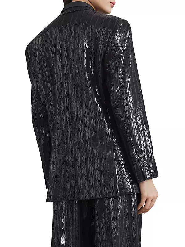 Black sequined blazer jacket showcasing stylish sequin-stripe design for trendy fashion