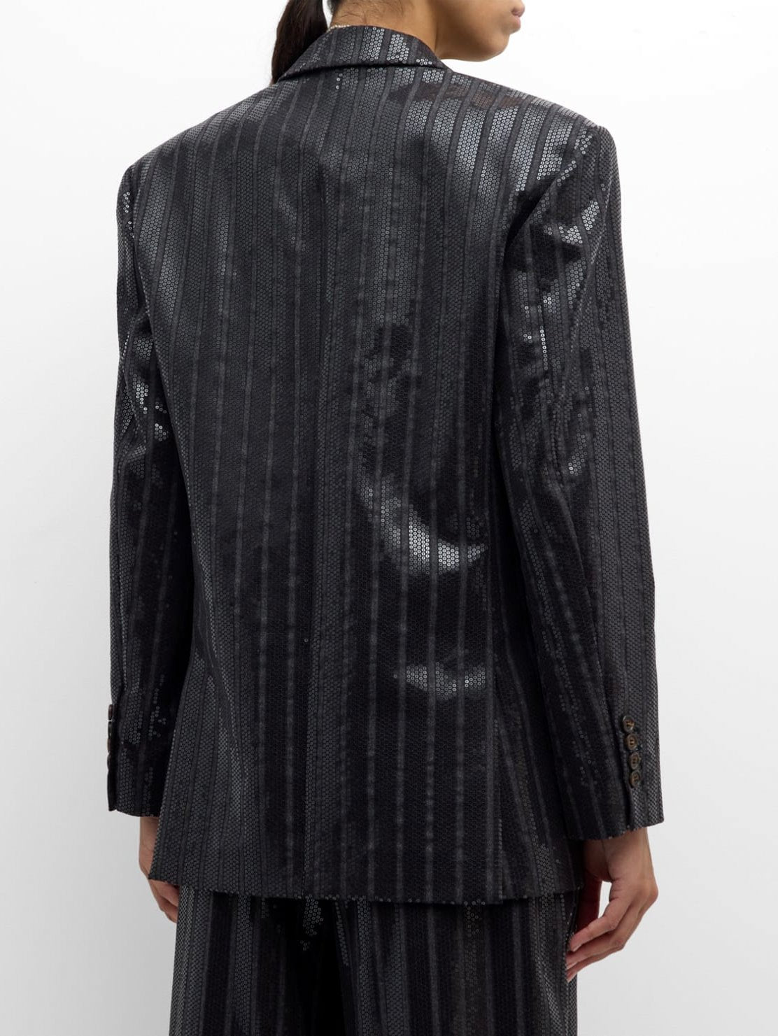 Sequin-Stripe Blazer Jacket with a stylish black design and shimmering sequin stripes