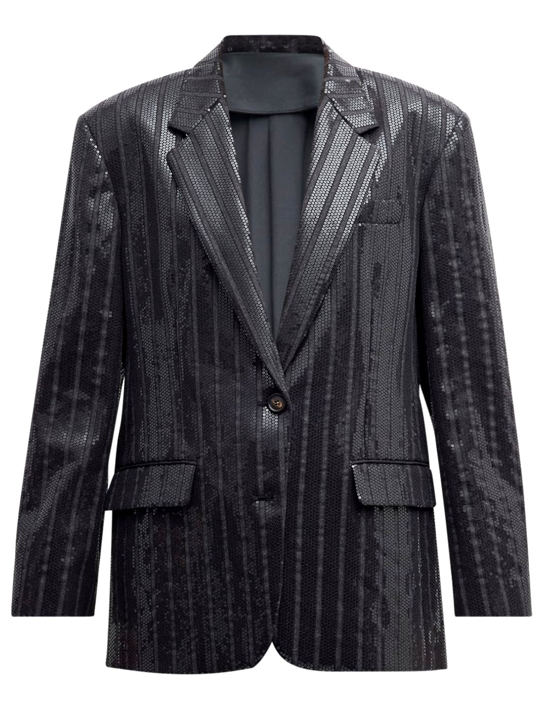 Black sequined blazer showcasing a stylish sequin-stripe blazer jacket design